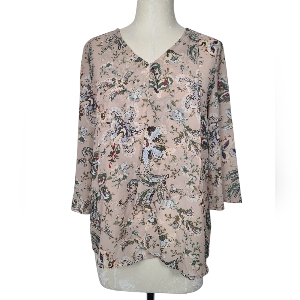 Chico's Pink Floral Cropped Sleeves Blouse S